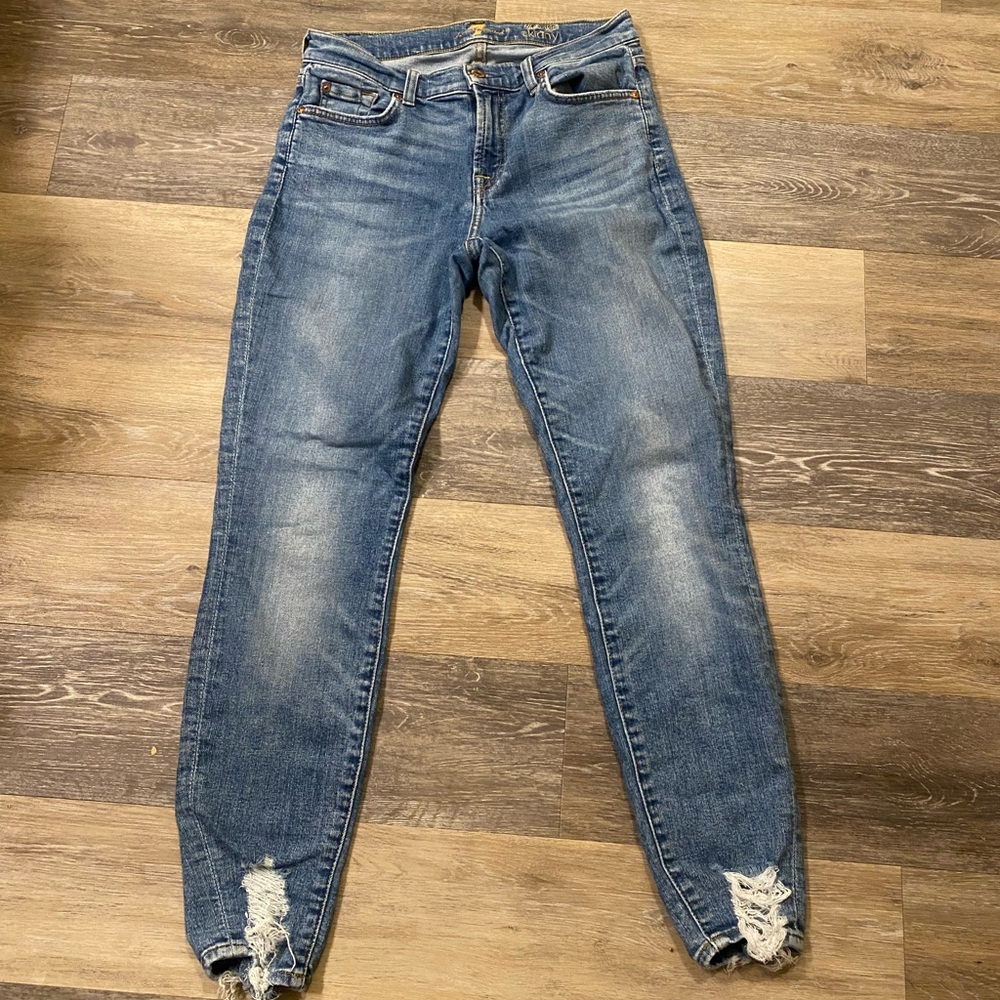 7 For All Mankind Distressed Blue Ankle Jeans
